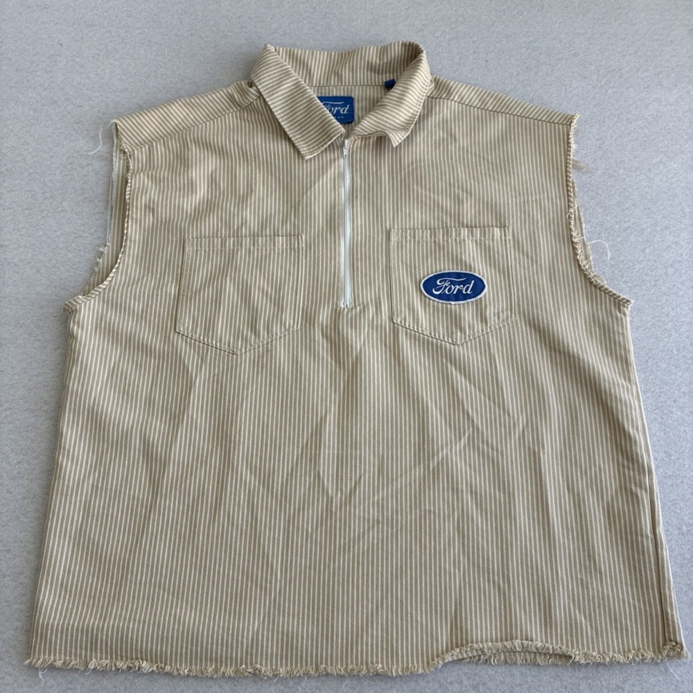 Ford Pacsun Mens Garage Mechanic 1/2 Zip Striped Cutoff Raw Hem Shirt Large Logo